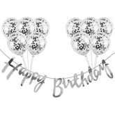 PartyCorp Happy Birthday Decoration Kit Combo 11 Pcs - Silver Confetti Balloon, Silver Happy birthday Alphabets Cut Out Banner